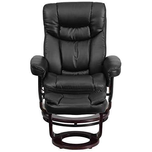 Flash Furniture Allie Contemporary Multi-Position Recliner And Curved Ottoman With Swivel Mahogany Wood Base In Black Leathersoft #TOP2