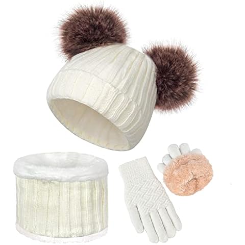 Kids Hat Scarf Gloves Set Girls Winter Warm Knit Beanie Soft Thick Fleece Lining Cap with Cute Double Fur Pom Pom White Toddler Children Baby Cold Weather Snow Accessories Crochet 6-10 Years Cover