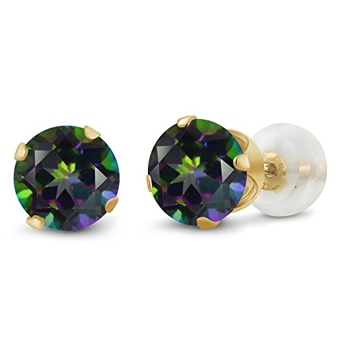 Gem Stone King 2.00 Ct Round 6mm Green Mystic Topaz 10K Yellow Gold Stud Earrings For Women Men
