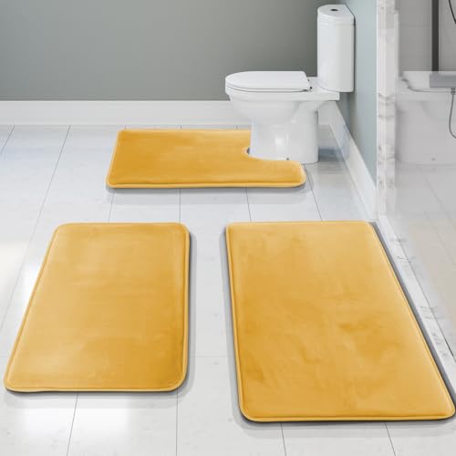 Clara Clark Bathroom Rug Set 3 Piece Velvet Memory Foam Bath Mats with Non-Slip PVC Backing Gold