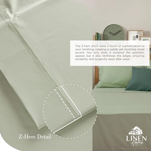 Image of Linen Home 100% Cotton Percale Sheets Queen Size, Sage, Deep Pocket, 4 Pieces Set - 1 Flat, 1 Deep Pocket Fitted Sheet and 2 Pillowcases, Crisp Cool and Strong Bed Linen