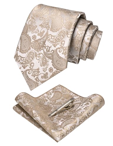 Image of JEMYGINS Mens Solid Color Paisley Necktie and Pocket Square with Tie Clip Sets