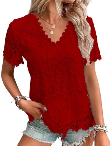 Lace Blouses for Women Dressy Casual Crochet Tops Summer Flower V-Neck Half Sleeves Casual Breathable Tee