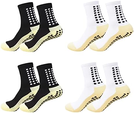 Spreezing Men's Grip Socks Soccer Anti Slip Athletic Socks for Men Non Skid Football Basketball Socks with Grip Pads, 4Pairs, 2Black+2White