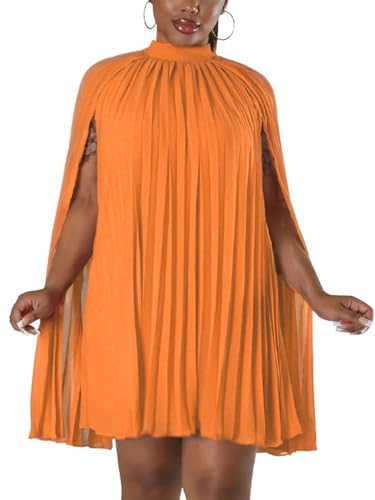 Image of Women's Casual Cape Sleeve Pleated Split Short Dress Loose Fit Cocktail Party Flowy Dress
