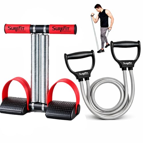 Image of SUREFIT Double Spring Tummy Trimmer for Men & Women - Ab Exerciser with Foam Handle & Resistance Band - Full Body Fitness Combo Tool Kit for Abs, Legs, Arms, Chest & Home Gym Workout (Maroon)
