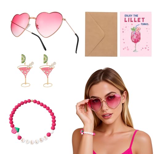QijAOPD 5 Stück Lillet Zubehör Set Wildberry Kostüm Accessoires mit Herz Sonnenbrille Pink Ohrringe Perlen Armband Grußkarte Umschlag Cocktail Party Outfit Geschenke für Frauen Junge Mädchen