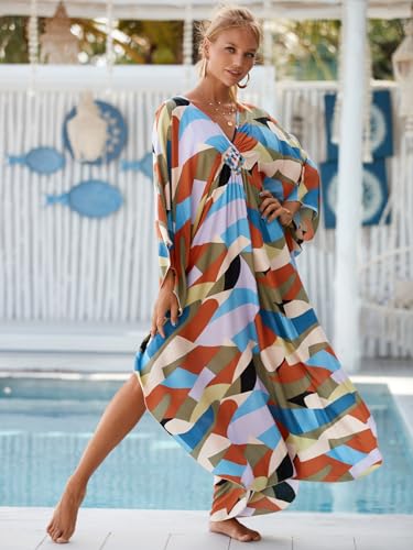 Image of IMAGEKOPE Women's Plus Size Animal Print V-Neck Batwing Kaftan Beach Dress Bathing Suit Cover-Up Loungewear