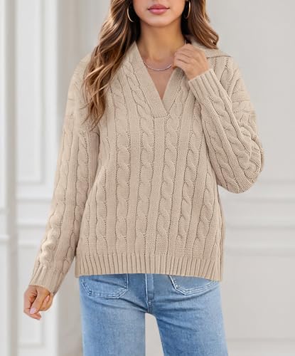 PRETTYGARDEN Fall Cable Knit Sweaters for Women 2025 Long Sleeve Loose Chunky Polo V Neck Sweater Casual Pullover Jumper Tops2