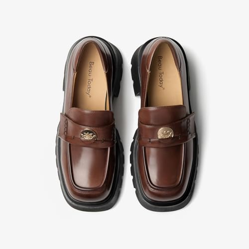 Image of BEAU TODAY Chunky Loafers Women Platform Penny Leather Lug Shoes