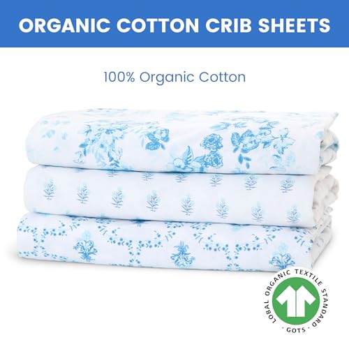 Image of Delta Children Fitted Crib Sheets for Girls and Boys - 100% Organic Cotton Crib Sheet for Standard Crib and Toddler Mattresses - 28x52 Inch - GOTS Certified (Pack of 3), Blue Botanicals