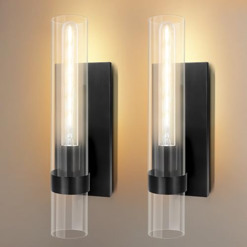 Image of Wall Sconces Set of Two, 18 inch Black Bathroom Sconces with Clear Glass, Hardwired Modern Sconces Wall Decor Set of 2 Wall Light Fixtures for Bathroom Bedroom Living Room Mirror Hallway