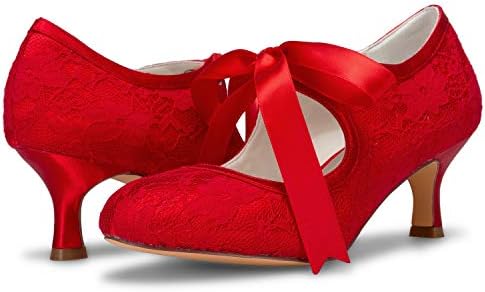 JIAJIA 140311 Women's Bridal Shoes Closed Toe Stiletto Heel Lace Satin Pumps Ribbon Tie Wedding Shoes Color Red,Size 6.5 B(M) US/37 EU | Image 2