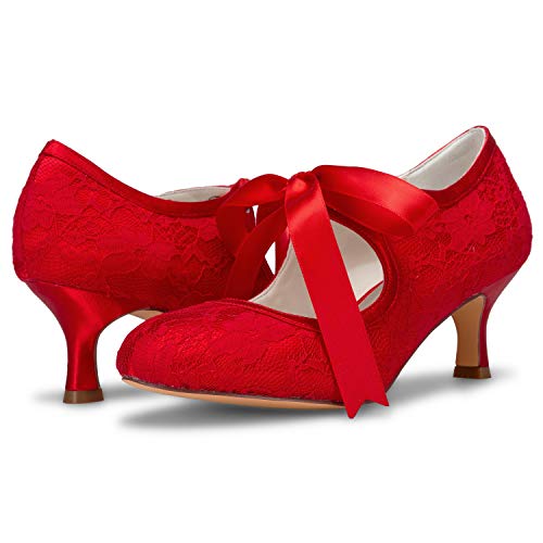 JIAJIA 140311 Women's Bridal Shoes Closed Toe Stiletto Heel Lace Satin Pumps Ribbon Tie Wedding Shoes3