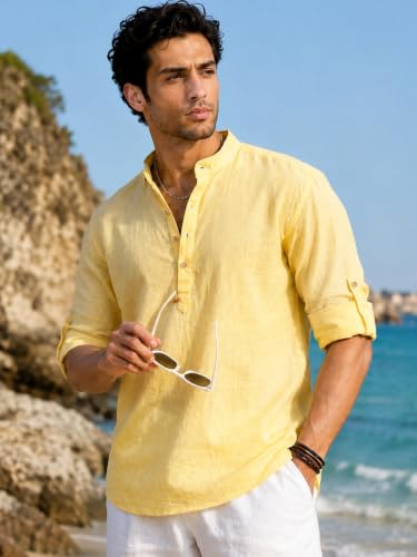 Image of Majestic Man Men's Pure Cotton Solid Mandarin Collar Slim Fit Roll-Up Sleeves Short Kurta Lightweight Summer Kurta for Daily & Occasion Use