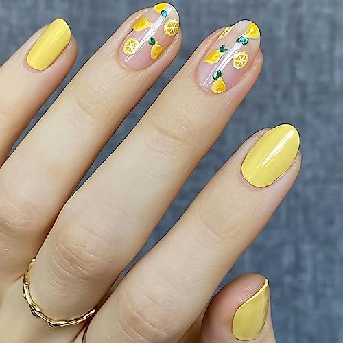 RikView Almond Press on Nails Medium Fake Nails with Lemon Design...