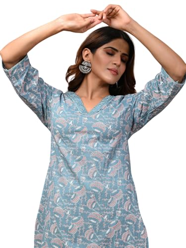 Image of Rimeline Women's Cotton Printed Kurta with Embroidered V-Neck Detail | Straight Fit Ethnic Wear for Casual, Office & Daily Use