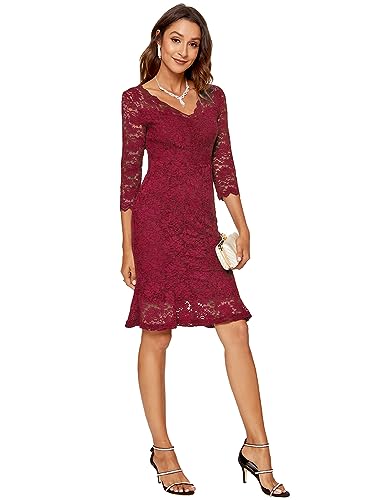 Atnlewhi Damen 3/4 Ärmel Kleid V-Ausschnitt Formeller Abend Bodycon Knielang Vintage Spitzenkleid Eâ€¦ – Miniatur