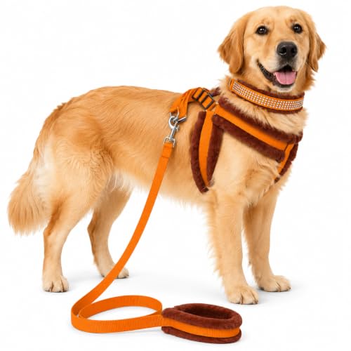 Image of Dog Fur Harness, Collar & Leash Combo Set, Adjustable Size | for 24-35 Kilogram Dogs (L, Orange-Brown)