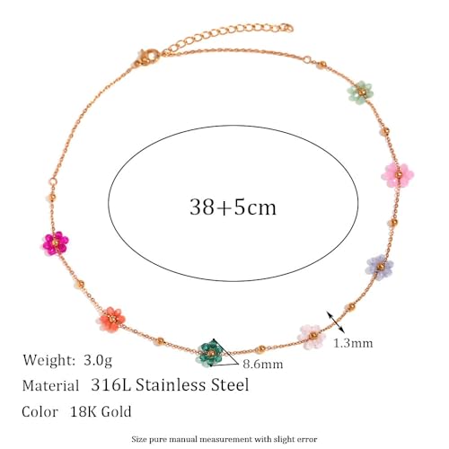 Cute Flower Beaded Ball Choker Necklace Stainless Steel Colorful Acystal Bead Daisy Flowers Adjustable Necklaces Fashion 18k Goldtone Plated Jewelry Gifts for Women Chain 15"+2"2