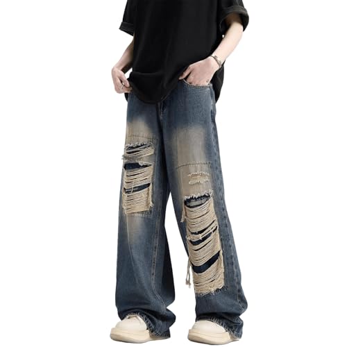 Men's Baggy Ripped Jeans High Waist Straight Leg Denim Pants Destroyed Distressed Jeans Y2K Grunge Jean Trousers