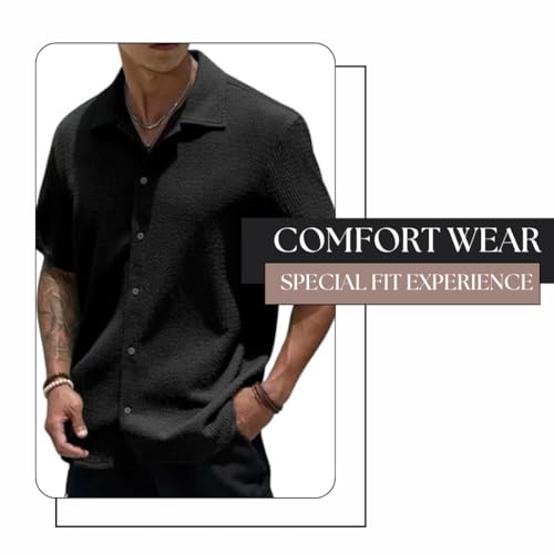 Image of MiraMichi Men's Slim Fit Half Sleeve Polycotton Casual Shirt - Solid Pattern, Hip Length, Ideal