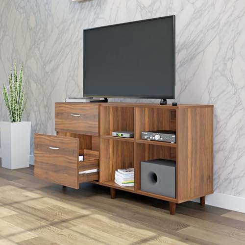 Image of VIKI Modern TV Unit for Living Room | Engineered Wood TV Cabinet with 2 Drawer Storage & 2 Open Shelves, Set Top Box Stand, Entertainment Unit, 140W x 74H x 40D cm | DIY | 1 Year Warranty (Walnut)