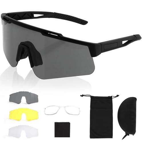 FOCUHUNTER Occhiali tattici per softair, anti appannamento, con 3 lenti intercambiabili, occhiali tattici per tiro, protezione UV400 (montatura nera)