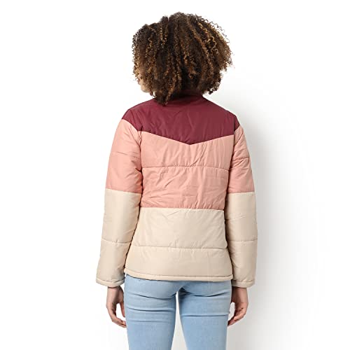Image of Campus Sutra Women Pink Colour-Blocked Puffer Regular Fit Bomber Jacket For Winter Wear | Standing Collar | Full Sleeve | Zipper | Casual Jacket For Woman & Girl | Western Stylish Jacket For Women
