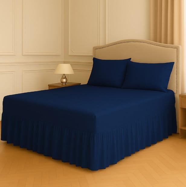 Polycotton Fitted Valance Sheet - Bed Skirt 25cm Deep with 30cm All-Around Frill - Soft Easy Care Wrinkle Resistant Base Cover - Secure Fit Bedding Valance (Navy Blue, Double)