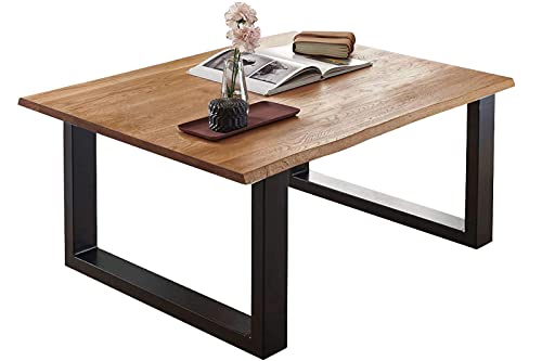 SAM Couchtisch 80x80 cm Sierra, Wildeiche massiv, echte Baumkante, Sofatisch mit U-Gestell, Metall Schwarz