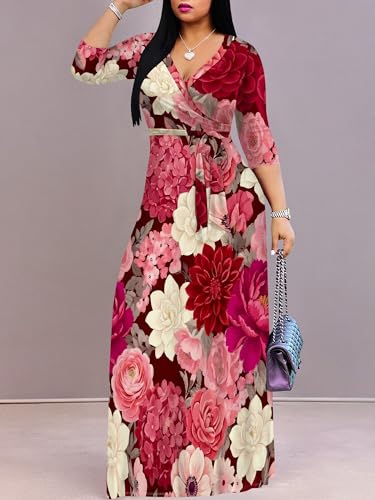 Image of PinkPatty Women's Plus Size Maxi Dresses Casual Flowy 3 /4 Sleeves Dress Printed Vacation Dress for Daily Wear with Belt
