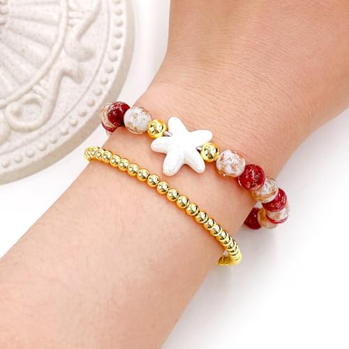 Image of 2 Christmas Couple Bracelets, Santa /Christmas Starfish /Christmas Tree Charm and 4mm Brass Beaded Stretch Bracelet for New Year Gifts for Family and Friends