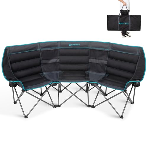FUNDANGO Extra Wide 3 Person Camping Chair for Adults with Cooler 1000 LBS Heavy Duty Oversized Camp Couch Padded Folding Seat with Cup Holders for Outdoor Sports & Lawn