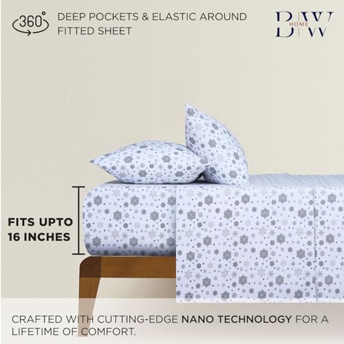 Image of Briarwood Home Printed Flannel Sheet Set, 100% Natural Cotton, Soft, Warm & Deep Pocket, Advanced Nano-Tech Making it Resistance to Pilling; Brushed 6 Times for Softness (Snowflakes, King)