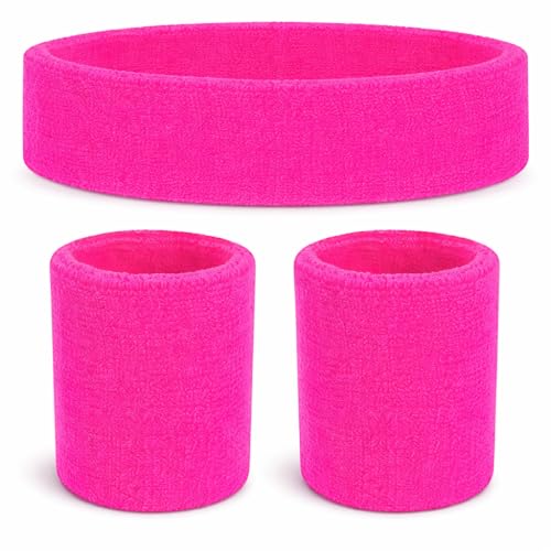 3er Set Schweißband Set pink & Stirnband: Accessoire Vokuhila Kostüme Retro-Neon-Stil - 80er & 90er - Fasching und Karneval