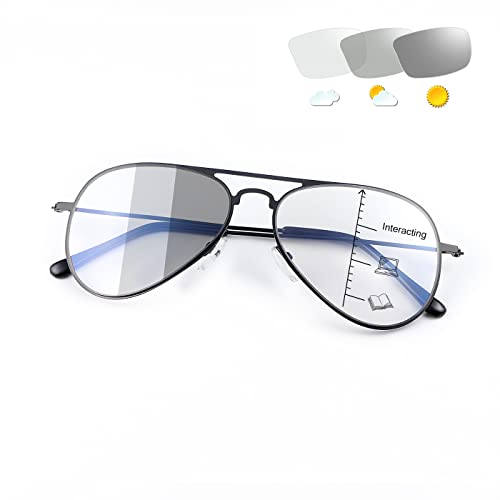 YIMI Photochromic Progressive Multifocus Reading Glasses UV400 Sunglasses Blue Light Blocking Aviator Transition Presbyopic (Black, 1.50, multiplier_x)