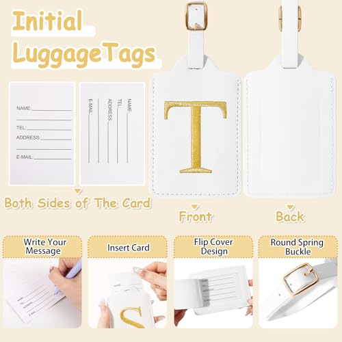 Image of Initial Letter Luggage Tag for Suitcase, Cute Luggage Bag, Waterproof PU Leather Travel Luggage Tag, Suitcase Identifier Name Tag, Monogrammed Suitcases Tags, Bag Tags for Handbags(White T)