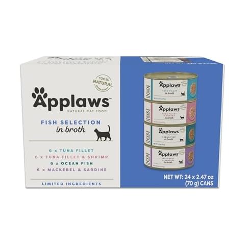 Applaws Natural Wet Cat Food in Broth, Limited Ingredient Canned Wet Cat Food, Cat Food Variety Pack, Made with Natural Ingredients, Fish Selection Variety Pack in Broth (24 x 2.47oz Cans) Cover