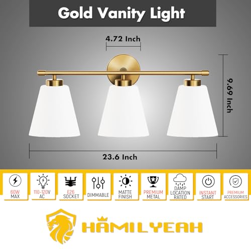 Image of Hamilyeah Gold Bathroom Vanity Light Fixtures Over Mirror, 3 Light Vanity Lights with Frosted Glass, Industrial Vanity Lighting Fixtures for Bath, Restroom