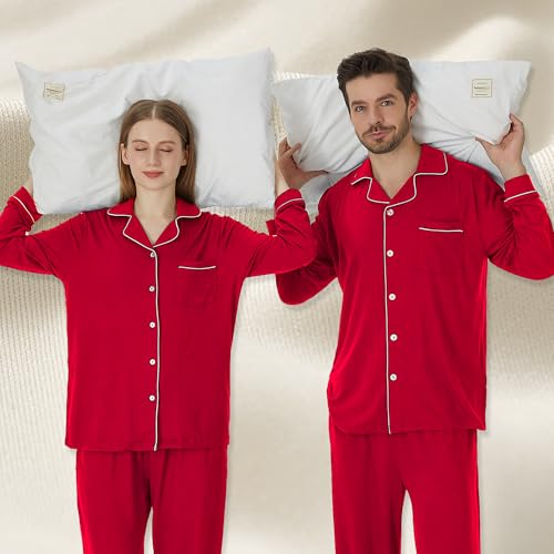 Matching Pajamas for Couples, Button Up Pjs Set for Men and Women Soft Warm Loungewear(Red Men, Small)2