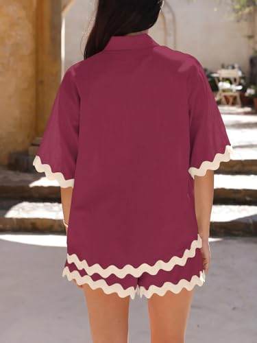 Image of Danedvi Womens 2 Piece Outfits Beach Vacation Summer Short Sleeve Button Down Shirts and Shorts Lounge Sets