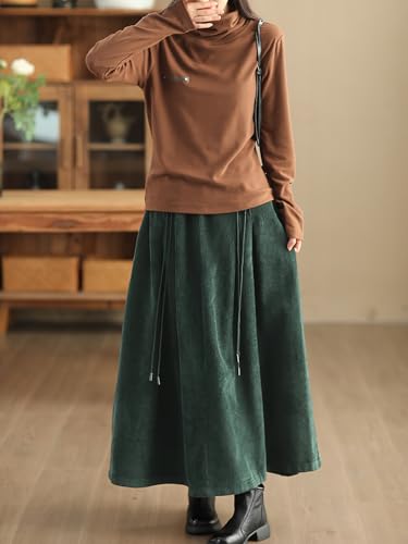 chouyatou Women's Fall Winter Tie Knot Elastic High Waist A Line Corduroy Long Midi Skirt with Pockets2