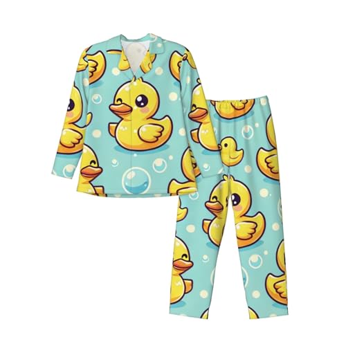 Mens Long Sleeves Pajama Set Cute Yellow Rubber Ducks Light Blue Cozy Two-Piece Loungewear For Nighttime Comfort,Casual Wear - Main Image