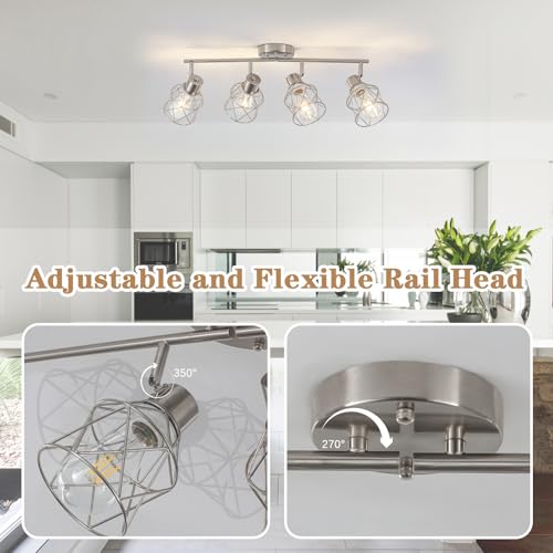 Image of BUXVRCS Adjustable Multi-Directional Brushed Nickel Light Fixtures, Semi Flush Mount Ceiling Light, Kitchen Light Fixtures Ceiling Mount, Geometric Metal Cage Industrial Spotlight Fixtures