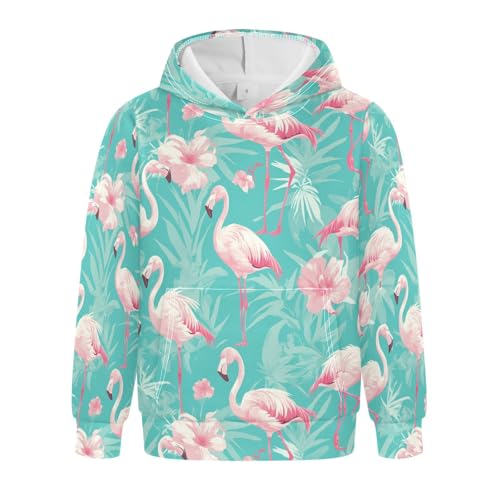 KLL Pink Flamingo Pattern on Green Background Boys And Girls Sweatshirt Long Sleeve Hoodie with Kangaroo Pocket