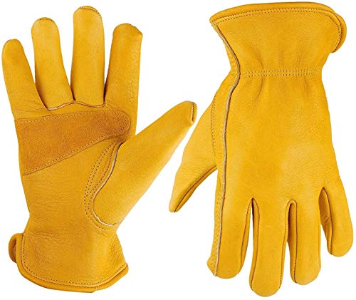 Image of Reinforced Leather Work Gloves with Palm Patch for Gardening, Farming, Construction, Warehousing, Motorcycling, Truck Driving - 10 Inches - Yellow - Pack of 1