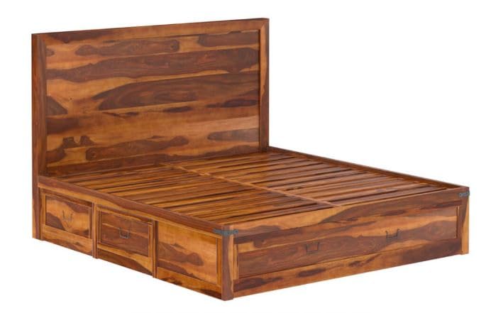 Image of Arman HANDICRAFTS Mango Wood King Size Bed with Drawer Storage | Wooden Platform Bed Frame with 4 Storage Drawers | Modern Bedroom Furniture | Honey Finish