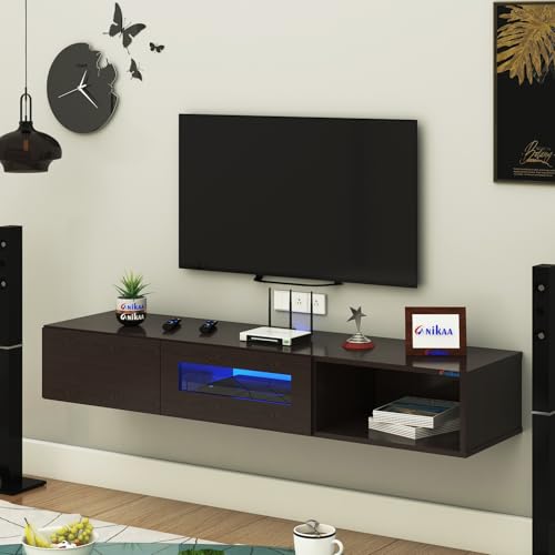 Image of Anikaa Strix Wall Mount Modern Floating TV Unit for Living Room with 3 Storage Cabinet & Blue LED Light (Ideal for 32 to 55 inch TV, DIY Installation, Wenge Finish)