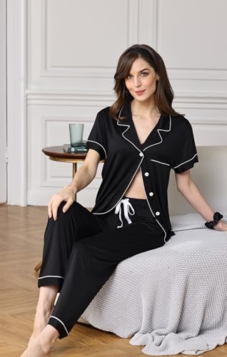 Image of WJing Yi Jia 3Pcs Soft Pajama Sets For Women XS-XXL Womens Pajamas Set Sleepwear Button Down Short Sleeve Long Pants Pj sets